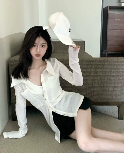 Осенняя приталенная рубашка, лонгслив, коллекция 2021, популярно в интернете, защита от солнца, французский стиль