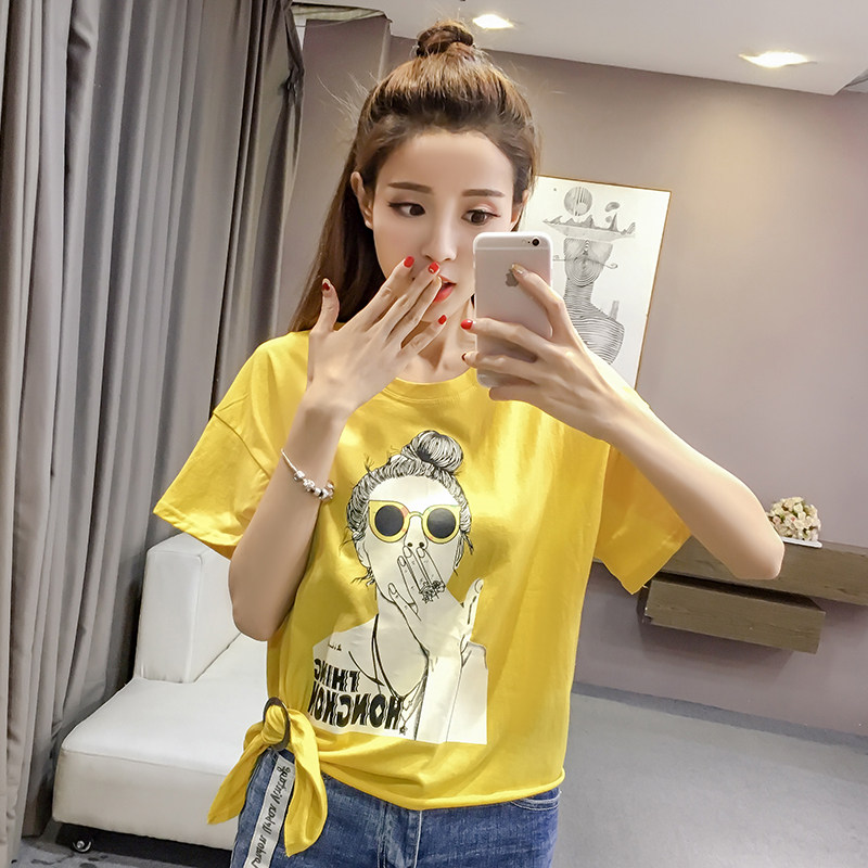 2018夏季女新款清纯女式露肩印花美女头印花图案宽松显瘦短袖t恤