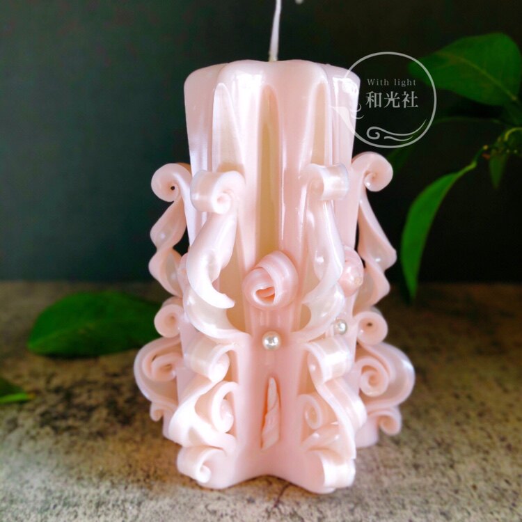 "Evening Sakura" German Craft Carving Candle Pale Pink Festival Gift Large 16cm High