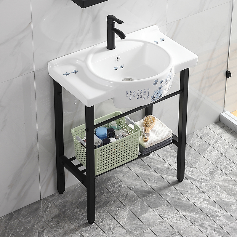 Floor-type washbasin integrated ceramic basin Small family type Balcony Make-up Room Washbasin Black Stainless Steel Bracket Basin