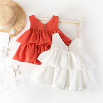 Girls cotton linen baby shirt summer new foreign style Princess Korean version of childrens baby white shirt Suspender top