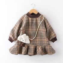 Girls autumn and winter dress thickened childrens new plaid winter dress foreign princess dress baby plus velvet long sleeve skirt