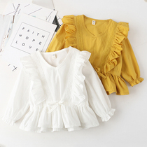 Girls Spring and Autumn 2021 New coat children Korean version of foreign style long sleeve cotton shirt white ruffled doll shirt