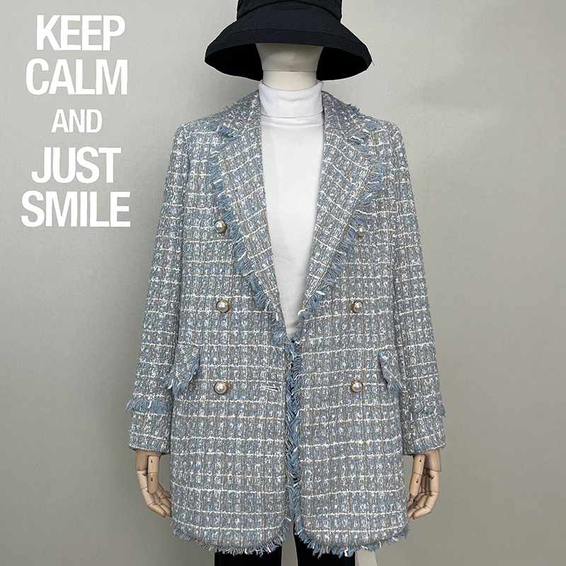2025 Winter New Korean Style Petite Internet Celebrity Chic Chanel-Inspired Lake Blue Tweed Blazer for Women 2025 Winter New Korean Style Petite Internet Celebrity Chic Chanel-Inspired Lake Blue Tweed Blazer for Women