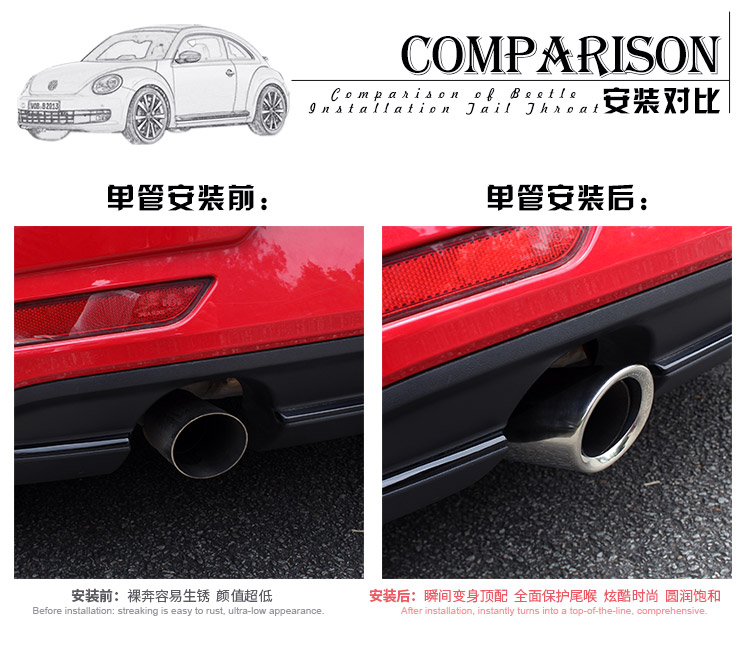 Special stainless steel exhaust pipe for beetle tail throat New beetle modified decoration