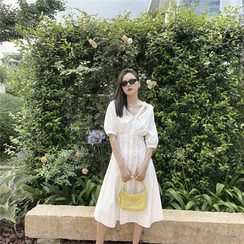 Xiaoxiaola 1937 white lapel dress, limited edition, high-count pure cotton, adjustable shoulder straps, hand-pleated