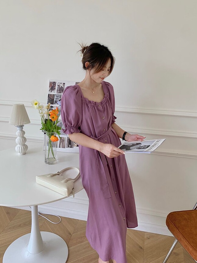 Xiaoxiaola 1937 Lavender Purple~Square Neck Belt Dress Waist Slim Long Dress Temperamental A-Line Dress