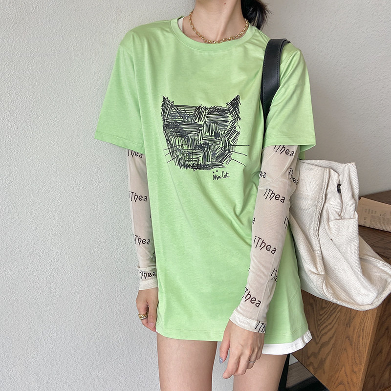 Xiaoxiaola 1937 Human Reflector, high count, cool, white, Korean apple green cat head T-shirt