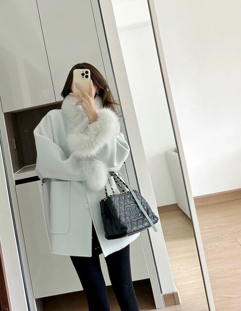 Wuuus Ice Elf Blue Fox Fur Wool Collar Coat Women's Autumn and Winter Cloak Socialite Coat