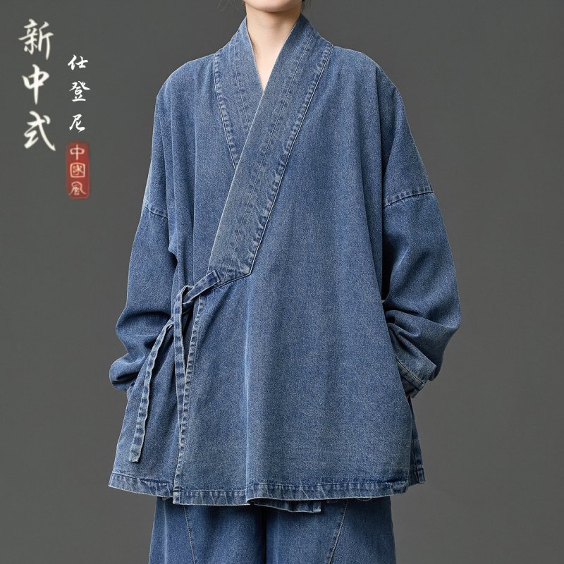 New Chinese-Style National Trend Taoist Robe Hanfu Japanese Retro Kimono-Inspired Denim Jacket Unisex Loose Versatile Couple's Jacket