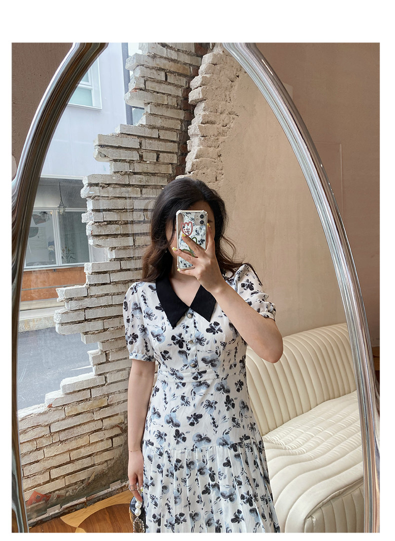 JML姜麦粒 法式复古百褶水墨连衣裙长款高腰碎花V领显瘦茶歇裙夏详情15