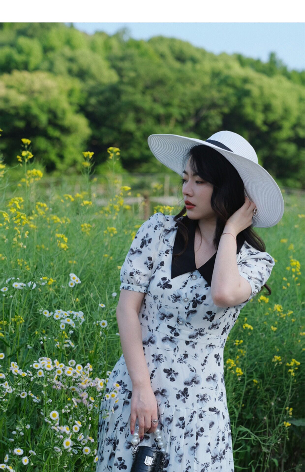 JML姜麦粒 法式复古百褶水墨连衣裙长款高腰碎花V领显瘦茶歇裙夏详情19