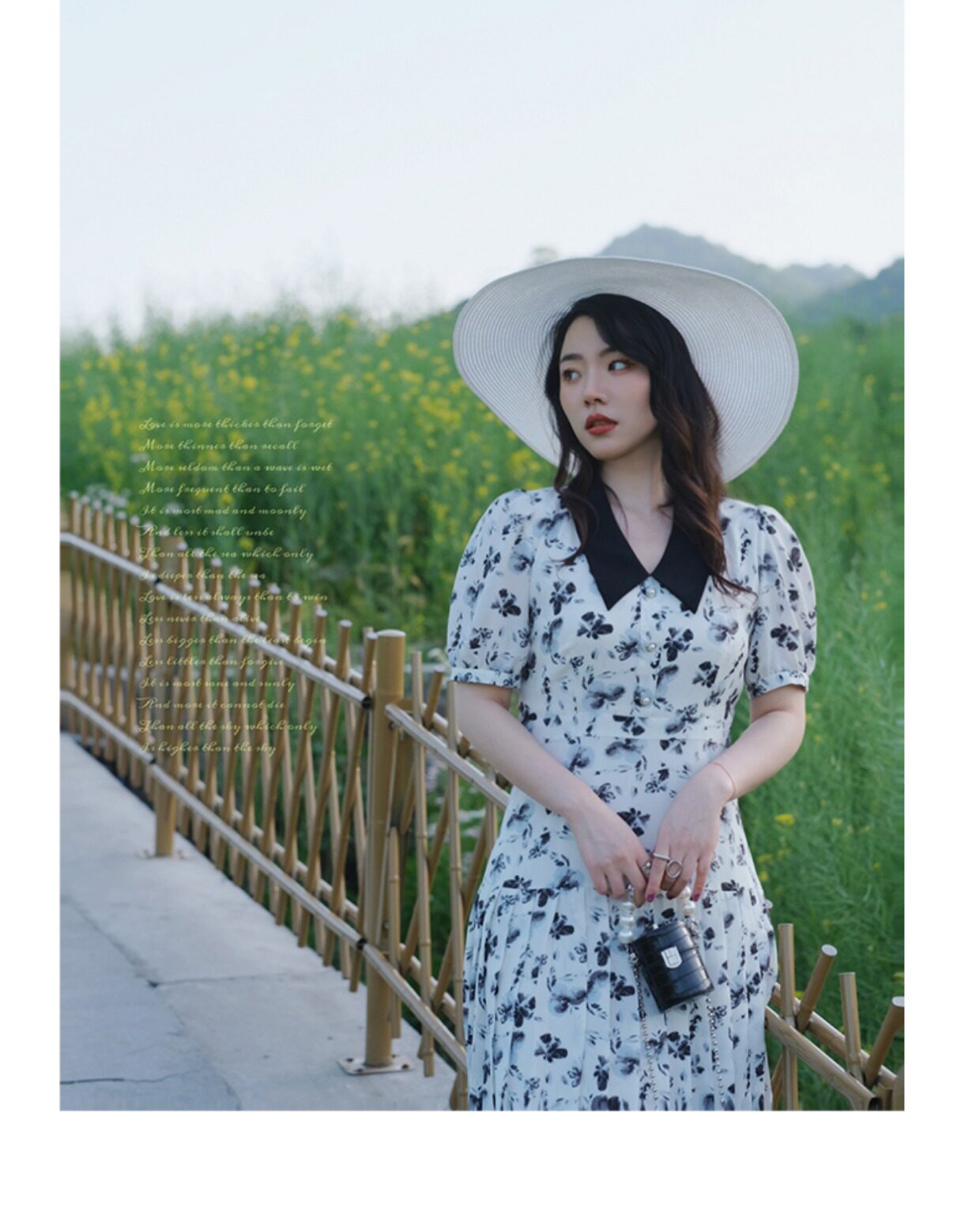 JML姜麦粒 法式复古百褶水墨连衣裙长款高腰碎花V领显瘦茶歇裙夏详情24