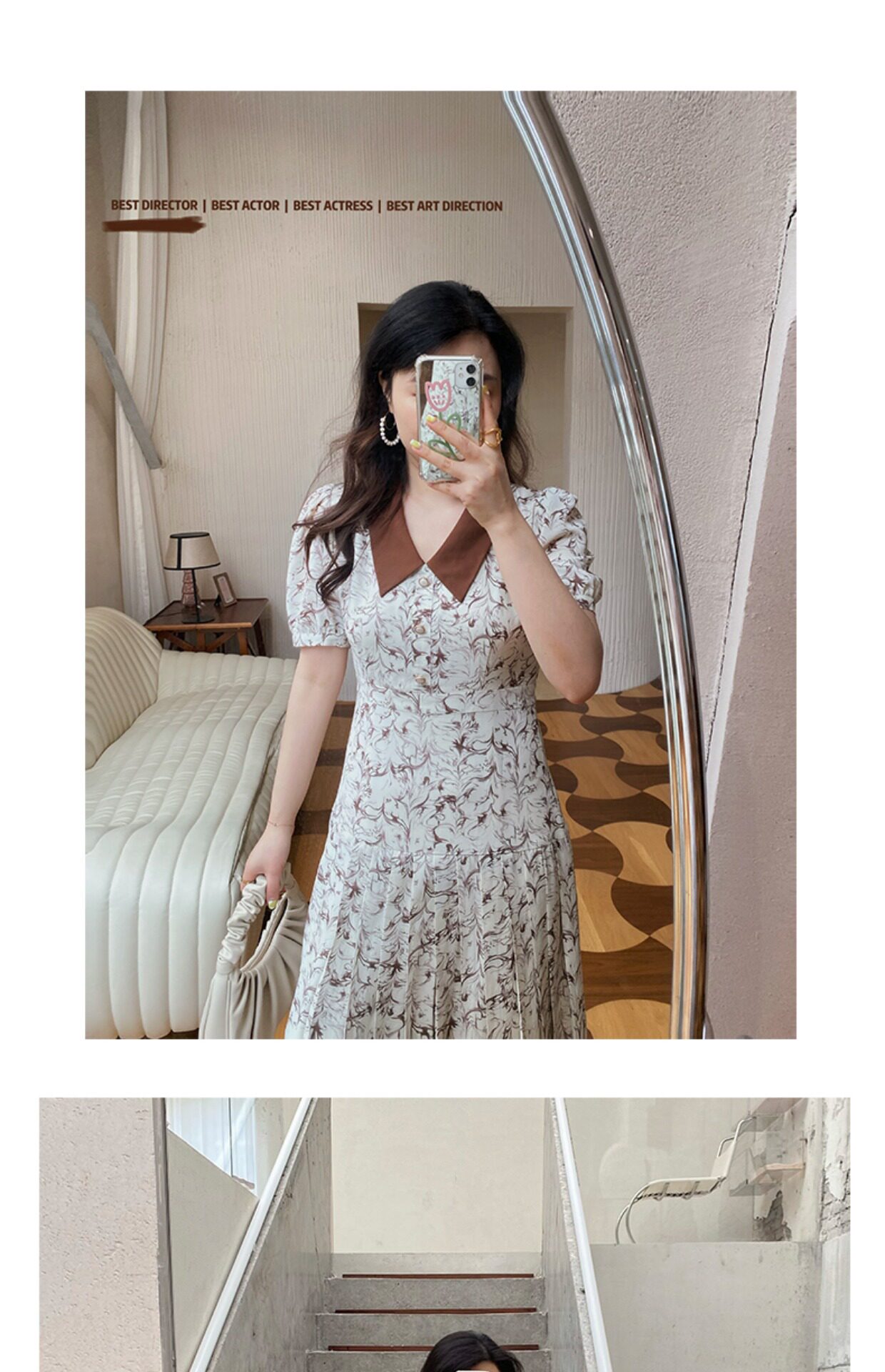 JML姜麦粒 法式复古百褶水墨连衣裙长款高腰碎花V领显瘦茶歇裙夏详情31