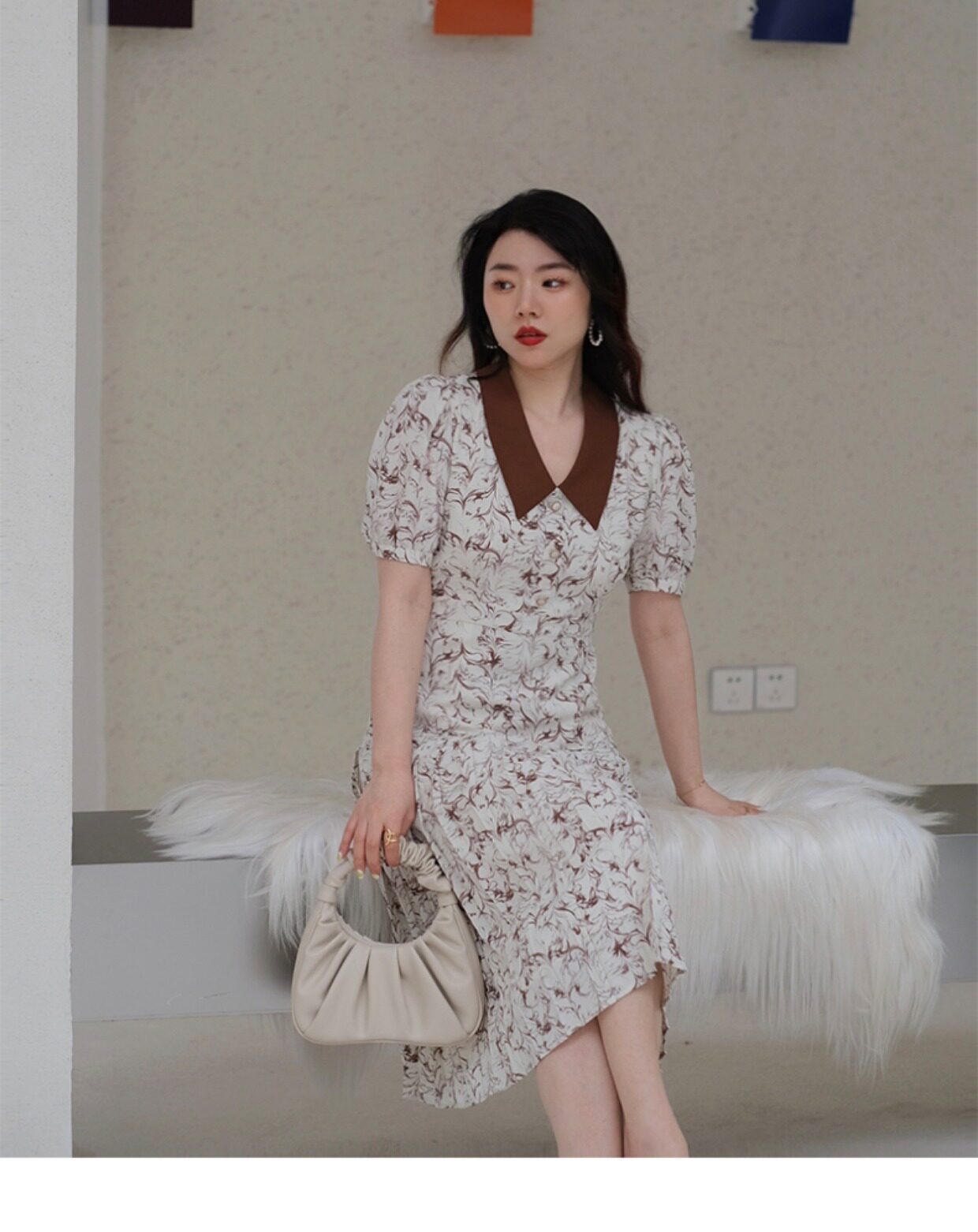 JML姜麦粒 法式复古百褶水墨连衣裙长款高腰碎花V领显瘦茶歇裙夏详情26