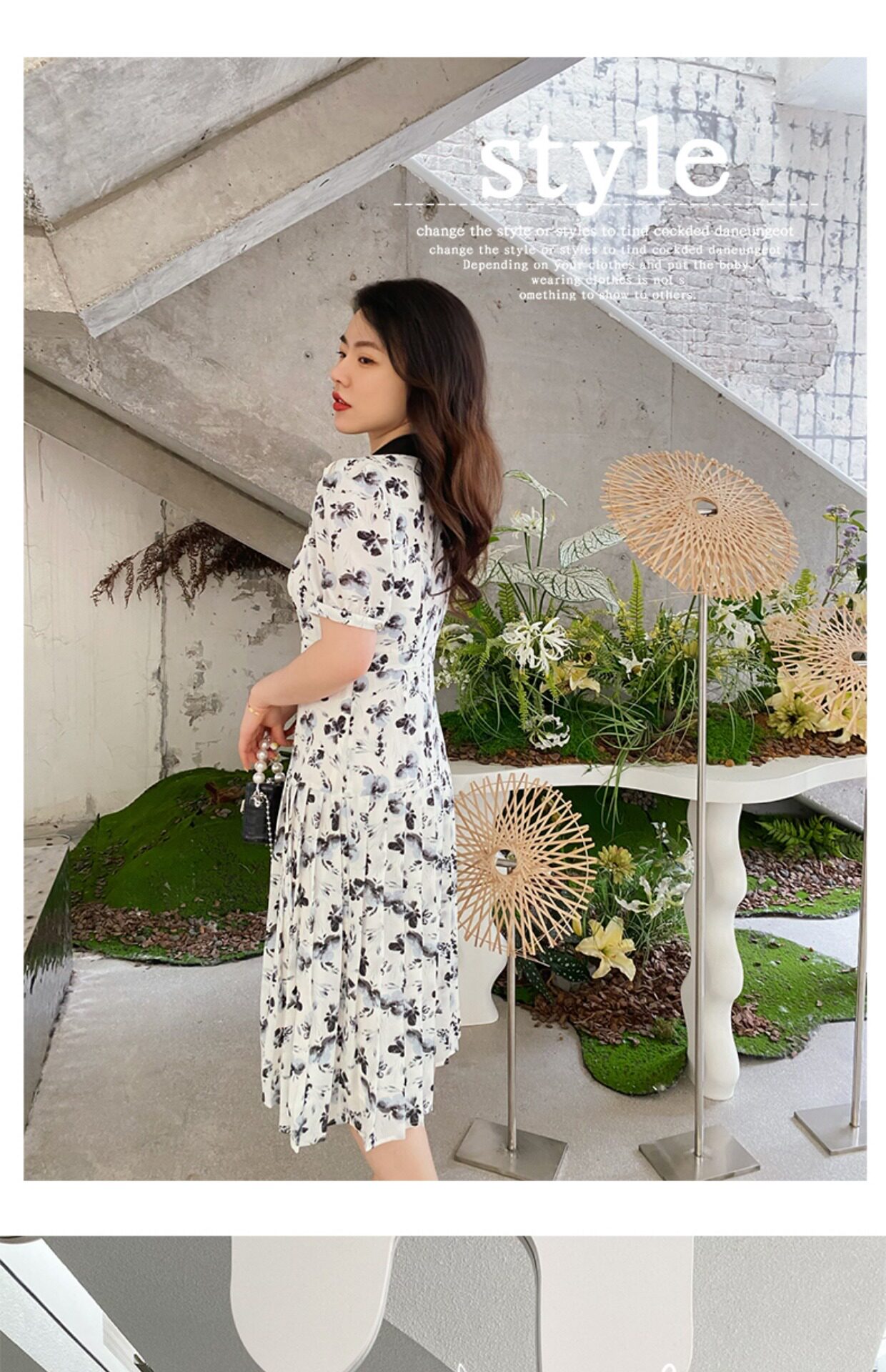 JML姜麦粒 法式复古百褶水墨连衣裙长款高腰碎花V领显瘦茶歇裙夏详情16