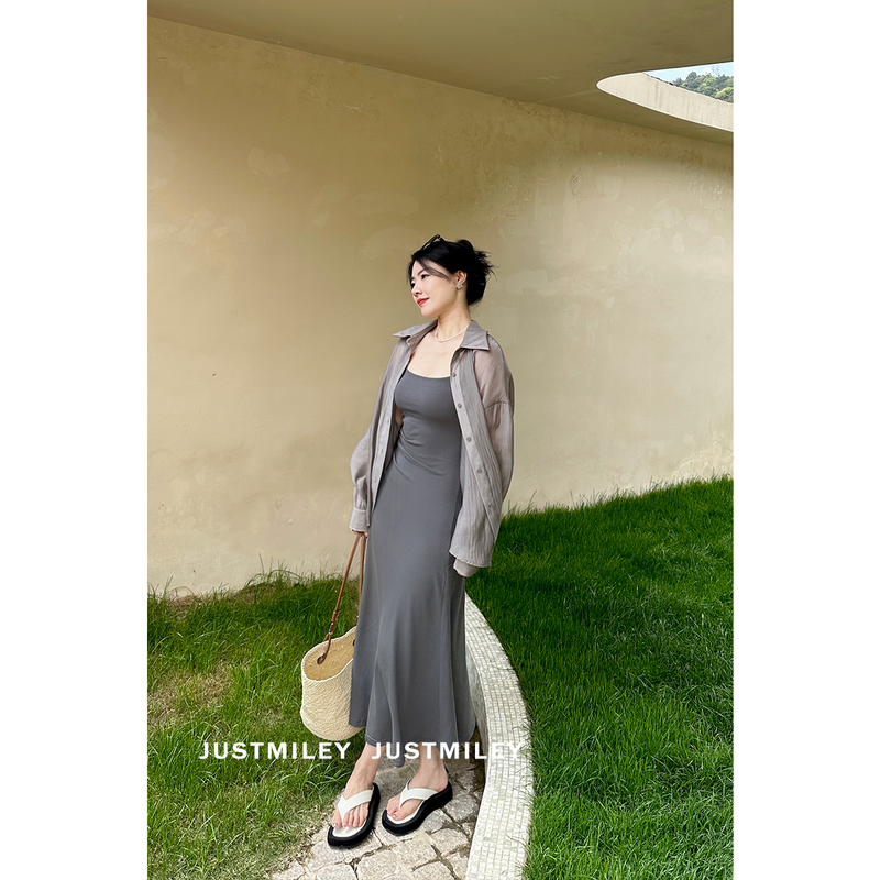 Justmiley Loose Tencel Shirt Gray Dress Waist-Cinching Slimming High-End Elegant Slip Dress
