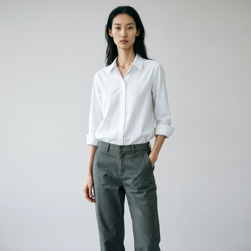 Slim-Fit, Straight-Shoulder Style Shirt, Casual and Commuter-Friendly, Classic Pure Cotton Oxford Fabric, White Inner Shirt for Women