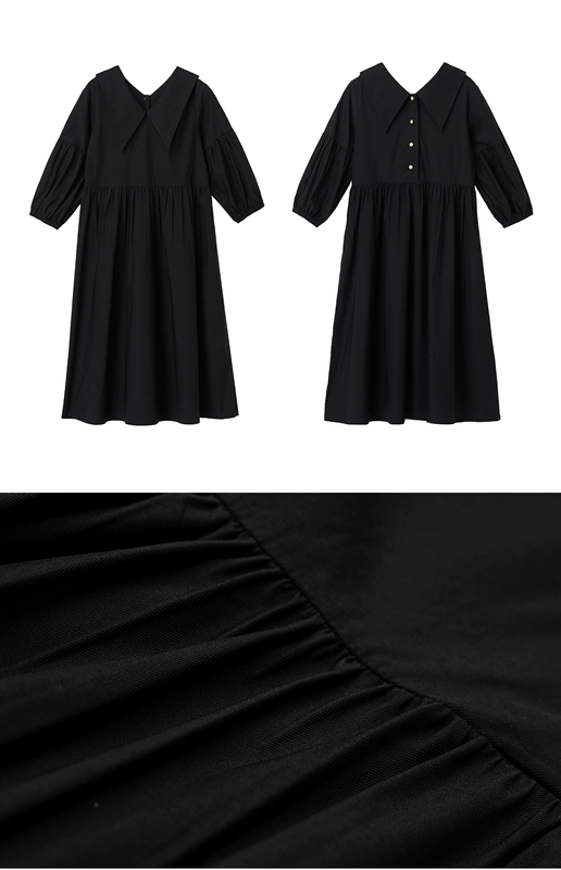 LlanO Pháp lỏng hai bên eo cao màu đen đèn lồng tay áo váy dài váy phụ nữ học sinh trên đầu gối mùa thu - Cộng với kích thước quần áo