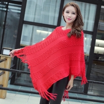 2021 Spring and Autumn New Korean version of loose tassel shawl knitted shirt Batshirt pullover sweater cape coat top