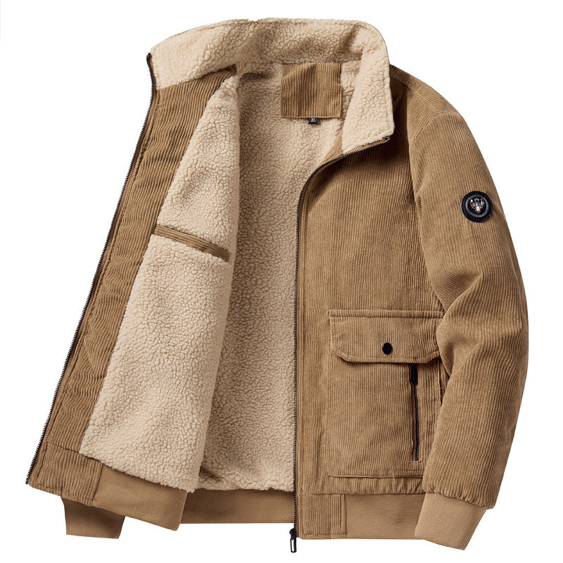 Winter Cotton Coat with Fleece Lining, Thickened Lamb Wool Collar, Windproof Stand-Up Collar, Corduroy Warm Jacket, Workwear Outerwear for Men