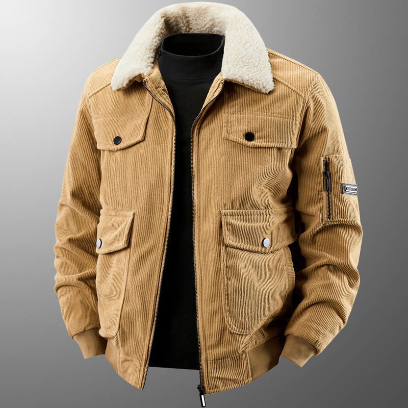 Men's Winter Corduroy Work Jacket with Large Pockets, Lapel Collar, Fleece Lining, Thickened Cotton Coat