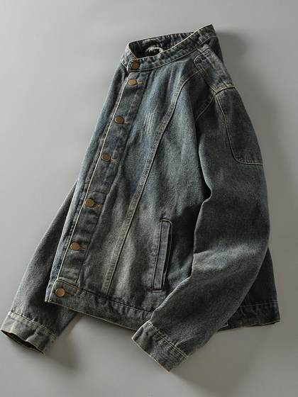 春季新款阿美咔叽复古水洗做旧男士立领休闲机车牛仔夹克外套潮