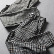 Lao Li left Japanese mens autumn and winter New thickened retro plaid woolen pants Plaid casual trousers tide
