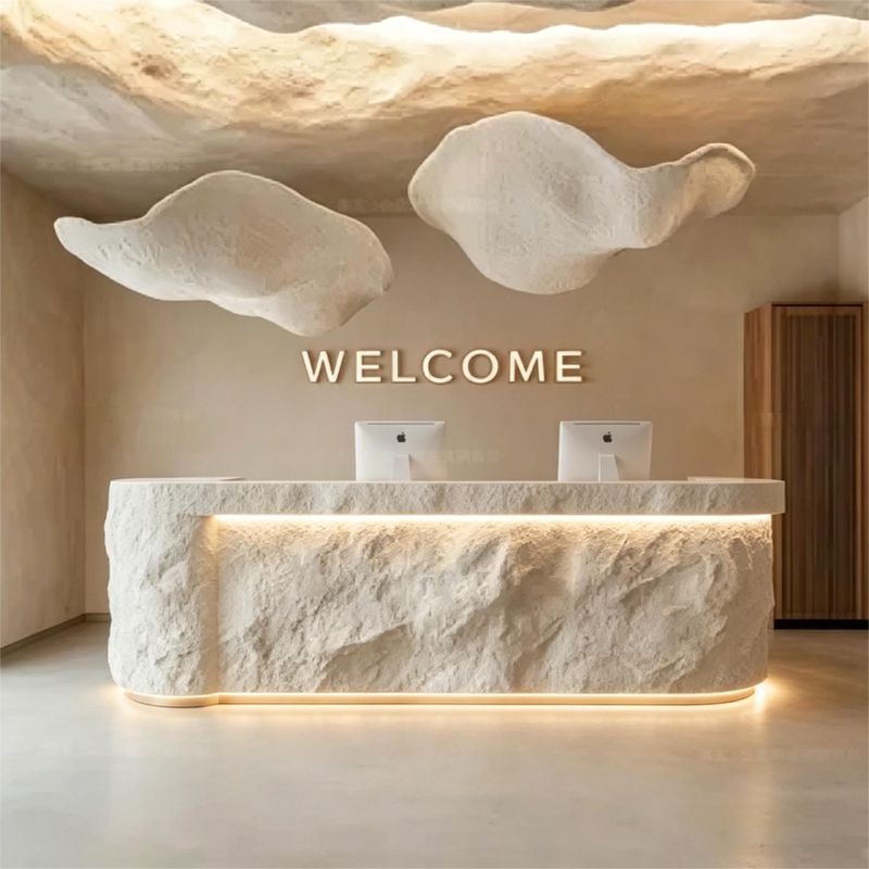 Custom-Designed Faux Stone Reception Desk for High-End Clothing Stores, Cash Register Counter for Cafes, Bars, and Beauty Salons