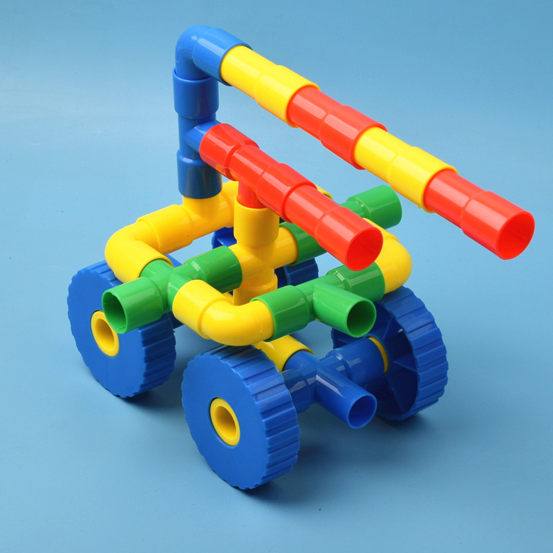 Children's water pipe building blocks with wheels parquet trolley boy intellect splicing baby assembly toy 3-6 years old