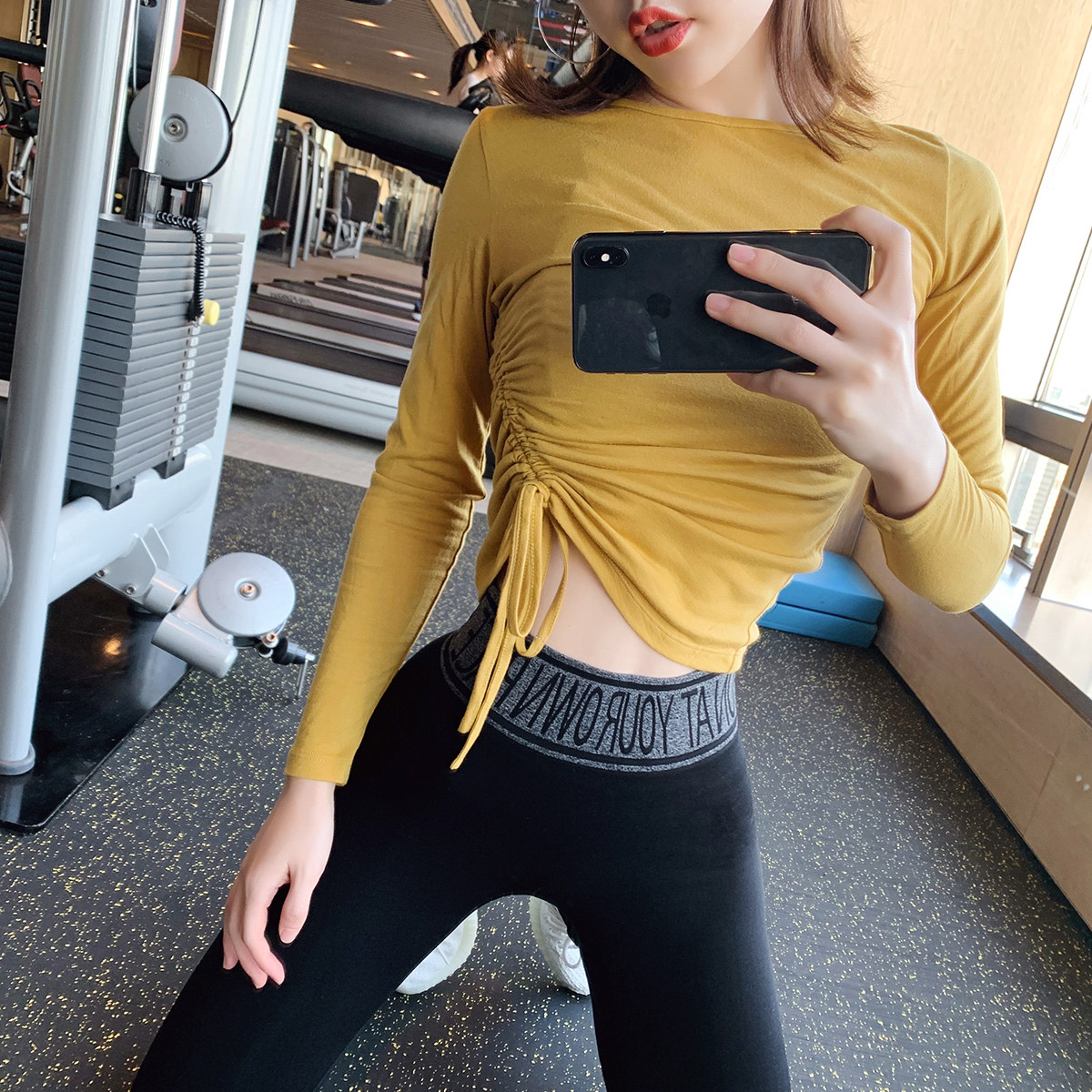 Byu run sports top women's tight-fitting running training fitness clothing breathable quick-drying T-shirt tie-up long-sleeved yoga clothes