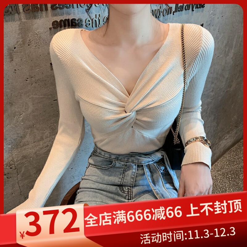 Cross V-neck blouse women's 2022 new spring wear sexy bottoming shirt slim fit long-sleeved knitted sweater