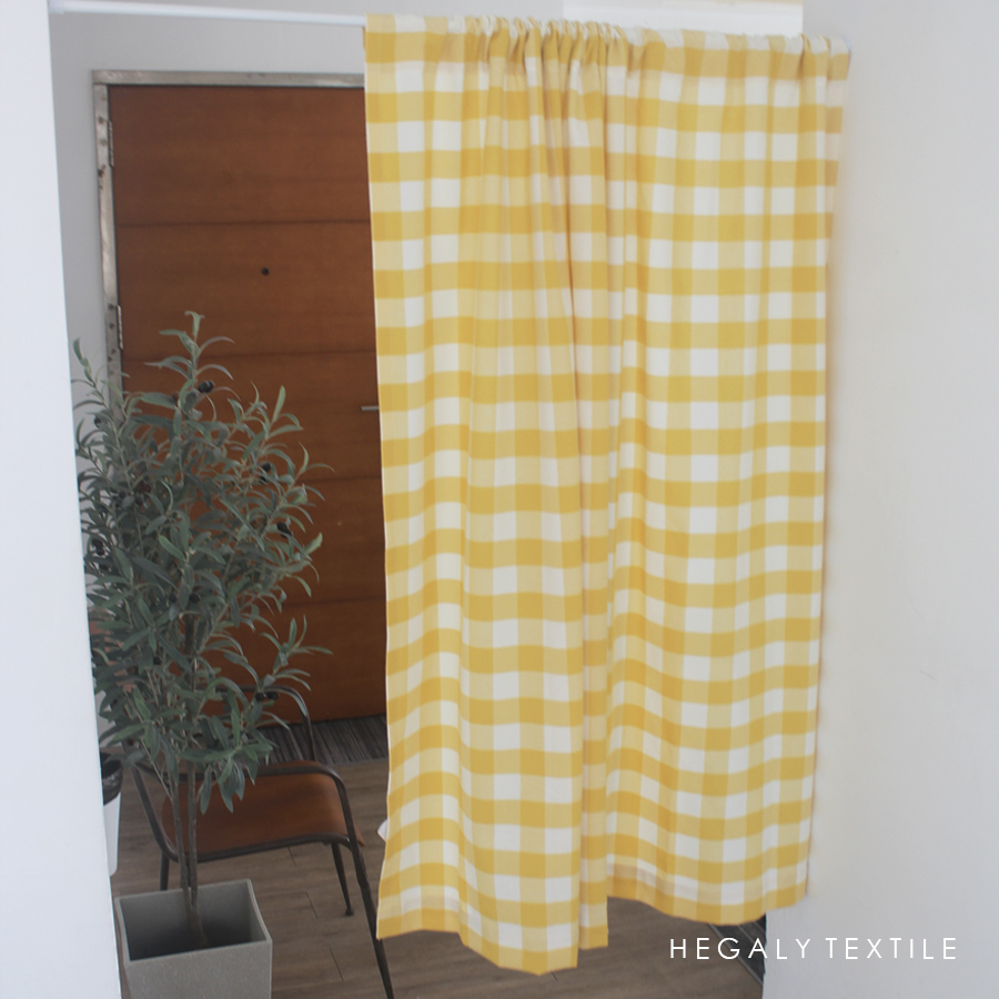HEGALY) Door curtain yellow chequered minimalist about half-curtain partition window Nordic ins Han-style free of punch with cotton cloth