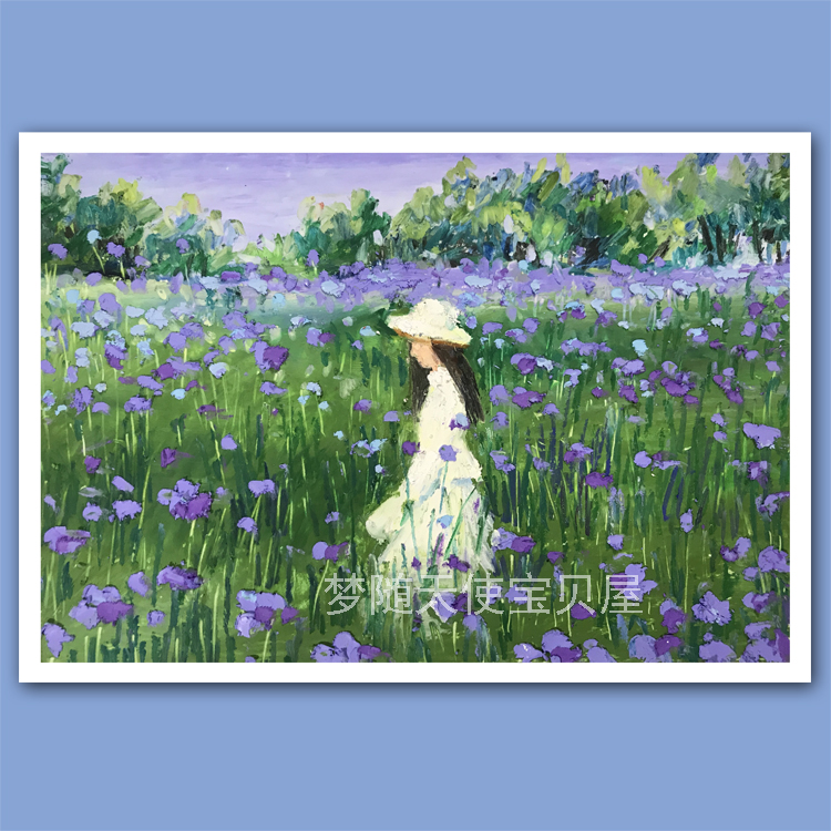 Original Small fresh oil painting stick scenery Exquisite girlish heart color Purple flower sea