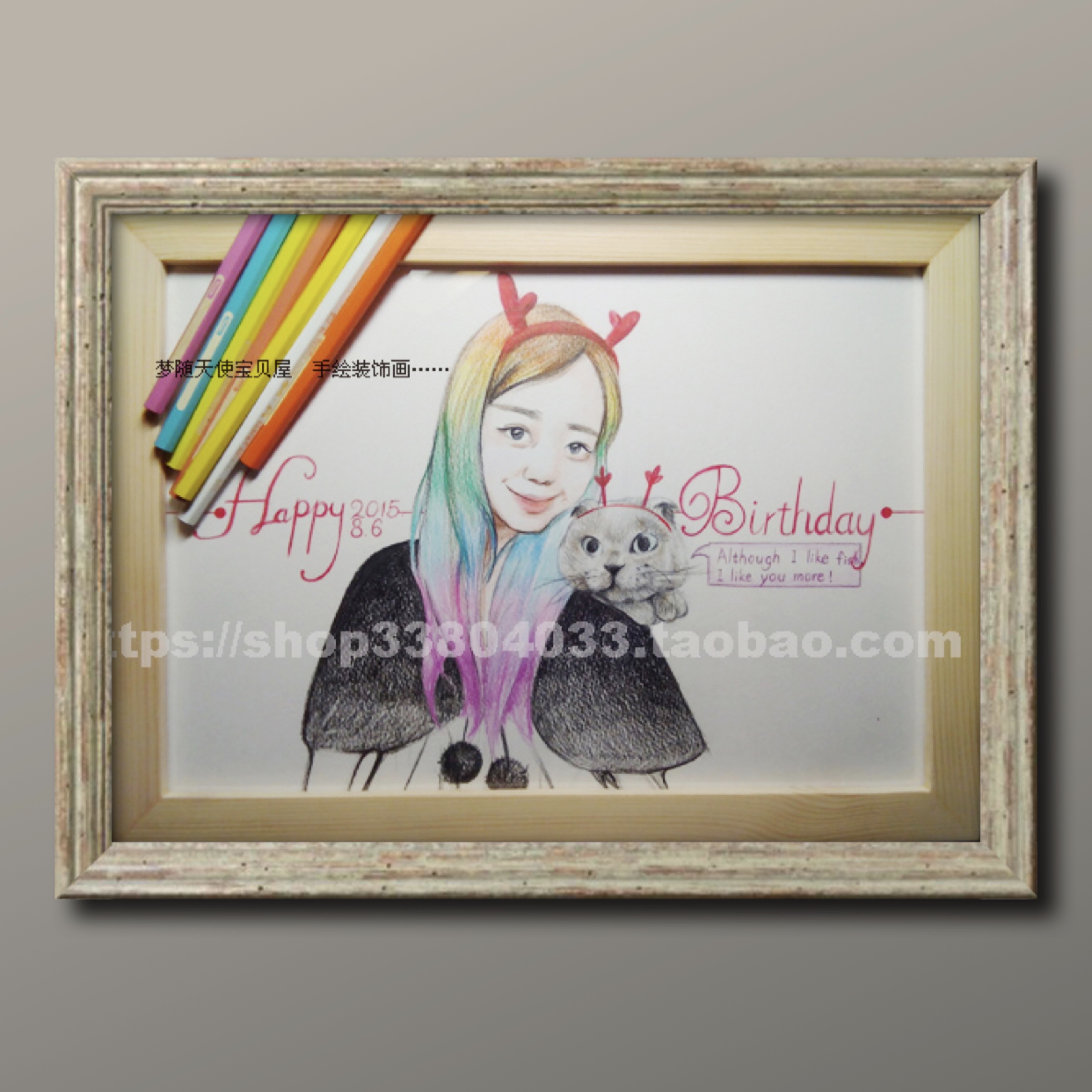 Original Colorful Pencil figures little fresher hand painted * My sweet moment series with cute favorites * girl and cat
