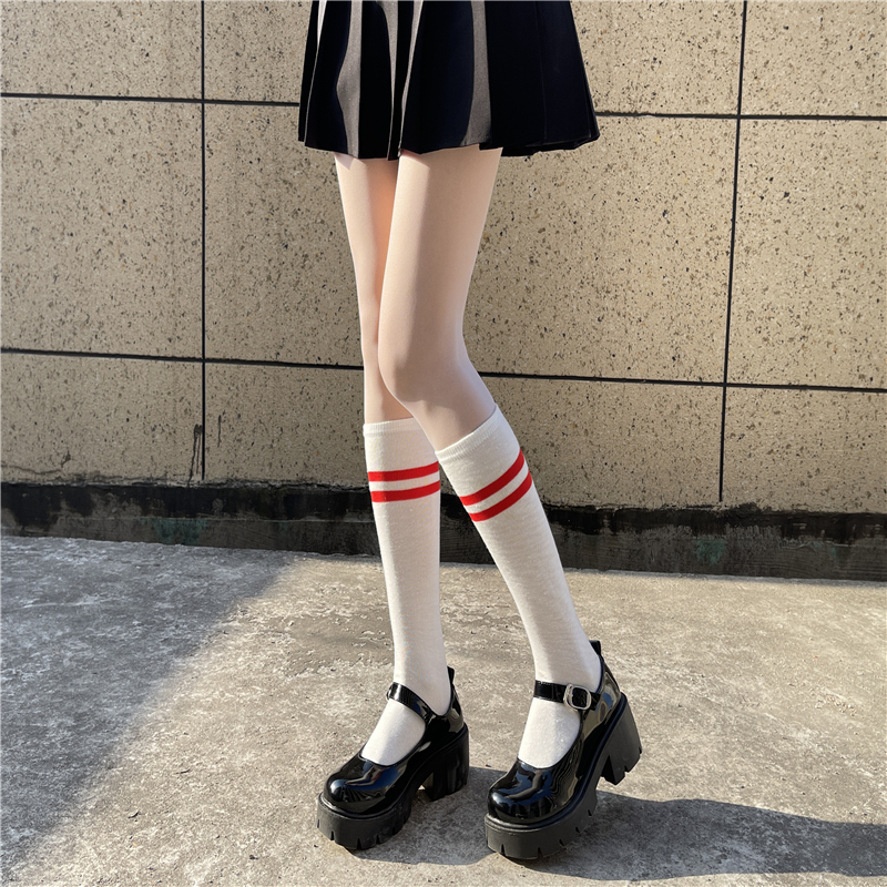 White Calf Socks for Women, Japanese Jk Style, Mid-Calf, Summer Thin Pure Cotton, School Style, Two-Stripe Sports Black Long Socks White Calf Socks for Women, Japanese Jk Style, Mid-Calf, Summer Thin Pure Cotton, School Style, Two-Stripe Sports Black Long Socks