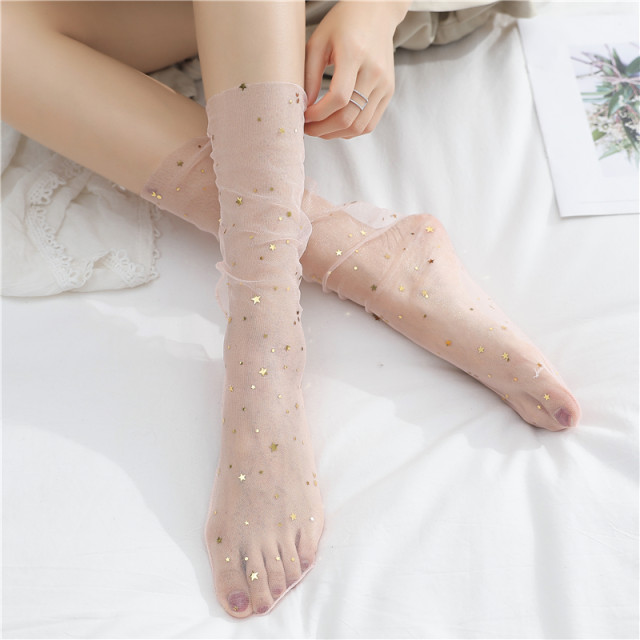 Japanese gauze moon star lace socks ໂປ່ງໃສຍິງສາວກາງ calf pile socks ins trendy spring and summer socks thin-calf pile socks