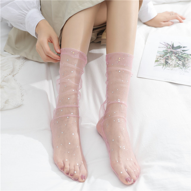 Japanese gauze moon star lace socks ໂປ່ງໃສຍິງສາວກາງ calf pile socks ins trendy spring and summer socks thin-calf pile socks