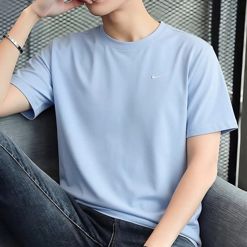Nike Genuine Blue Short-Sleeved Quick-Drying Knitted T-Shirt Embroidered Logo Top Fitness Sportswear New Style Half-Sleeved