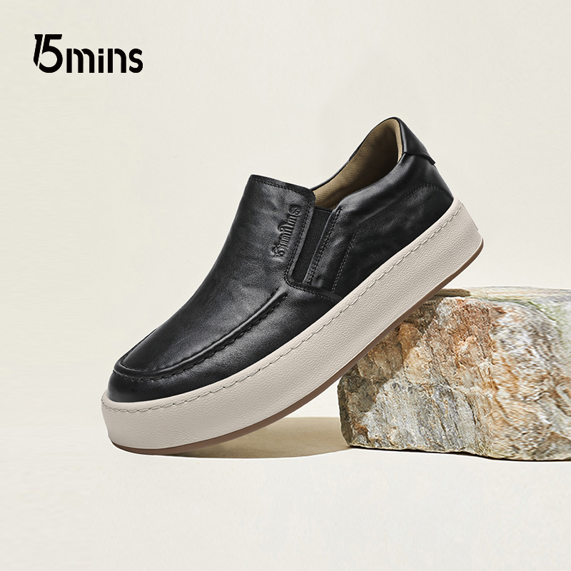 15Mins Men's Shoes 2025 New Spring Genuine Leather Breathable Slip-On Thick-Soled Lazy Men's Loafers Casual Shoes