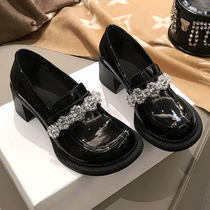 Vintage Mary Jane shoes female mona with the same 2021 new high-heeled British style small leather shoes big head rhinestone loafers