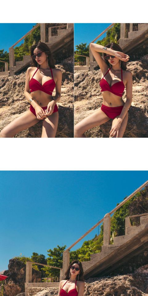 Hàn Quốc chia đôi tấm thép dày kích thước ngực tụ tập bikini gợi cảm ba điểm người mẫu trở lại mẫu áo tắm catwalk nữ - Bikinis Bikini Quyến Rũ Gợi Cảm 