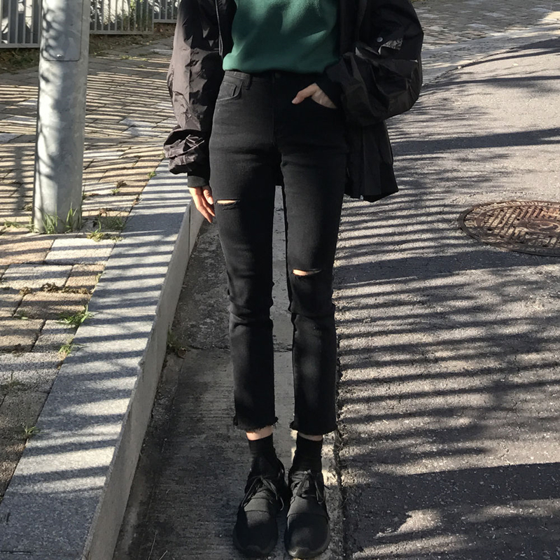 Pear-shaped stature woman pants Fat sister Black knee Broken Hole Jeans Fat Mm slim fit large size high waist straight fit pants