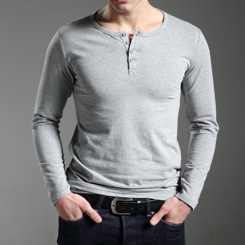 European and American Tough Guy Style Men's Long-Sleeved T-Shirt, Pure Cotton Button-Down Collar, Slim Fit, Youth Open-Front Henry Collar T-Shirt