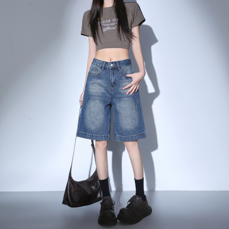 Vintage Denim Shorts, Women's Low-Waisted Loose Versatile Slimming Wide-Leg Straight Pants, Designer Denim Mid-Length Pants Vintage Denim Shorts, Women's Low-Waisted Loose Versatile Slimming Wide-Leg Straight Pants, Designer Denim Mid-Length Pants