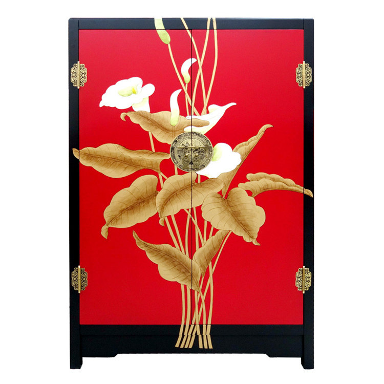 Lacquer Art Color Painting Horseshoe Lotus Double Door Xuanguan Decorative Cabinet Shoes Cabinet Custom Yangzhou Lacquer Ware Vintage Solid Wood Furniture Decoration