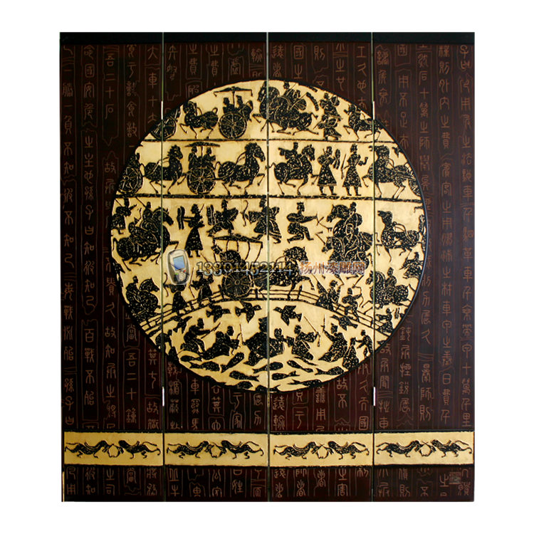 Yangzhou Lacquer Ware Neoclassical Lacquer Art Home Decoration Sticker Gold Imitation Old Sun Child Soldier Method Four Fold Screen Partition Custom