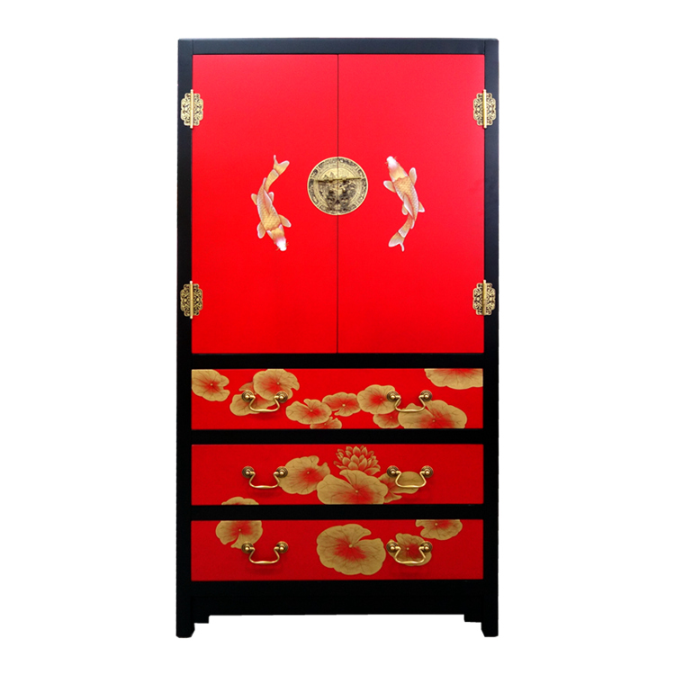 Lacquer Art Color Painting Double Door Three Pumping Genguan Decoration Cabinet Clothes Closet Customized Yangzhou Lacquer Ware New Chinese Vintage Solid Wood Furniture