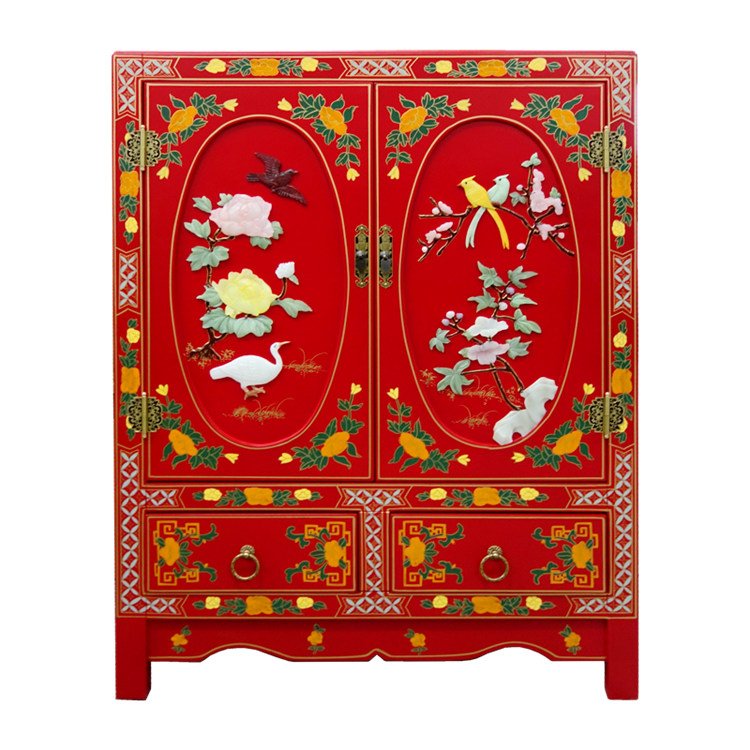 Yangzhou Lacquer Bone Stone Inlaid Double Door Double Pumping Xuanguan Shoe Cabinet Custom New Chinese Classical Lacquer Art Home Decoration