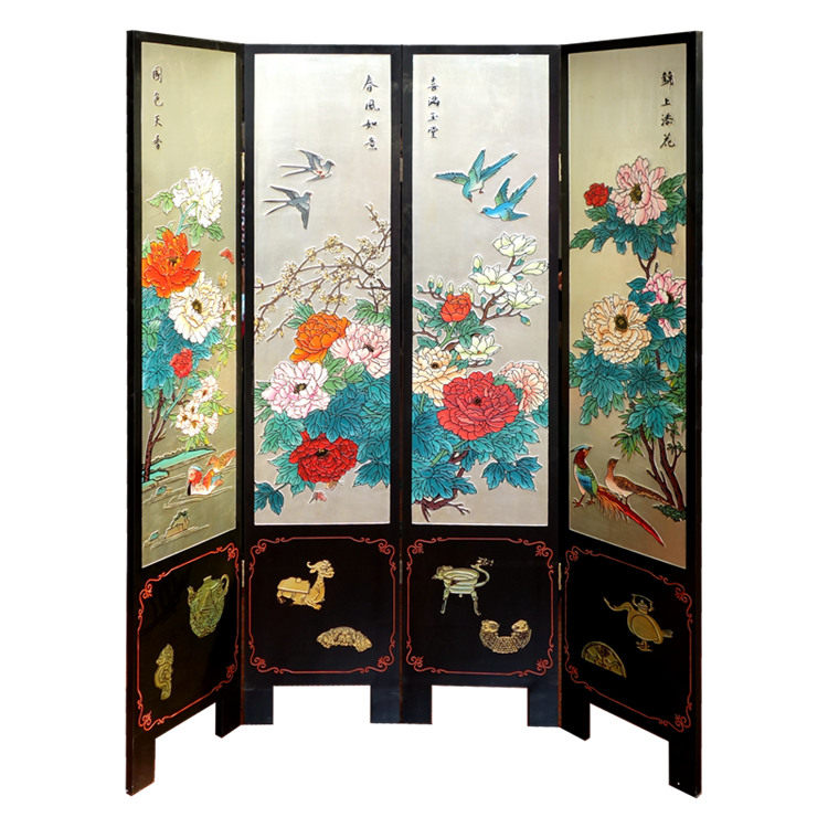 Yangzhou Lacquer Engraving Lacquer Rich Peony Four Fold Screen Xuanguan Partition Customize New Vintage Lacquer Art Family Residence Decoration